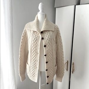 Wool Knit Cardigan with Leather Like Button Closure